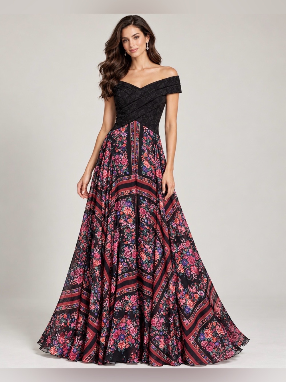 👗✨ Tadashi Shoji Black Floral Off-Shoulder Maxi Gown Size 10 NWT 🌸🖤
